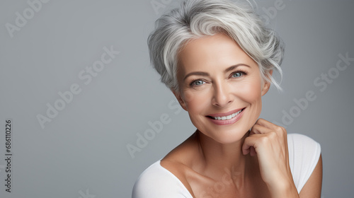 Adult woman with smooth healthy face skin. Beautiful aging mature woman with gray hair and happy smiling touch face. Beauty and cosmetics skincare advertising concept
