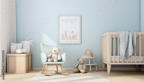 A photo mockup of a wall has one picture with a ratio of 2: 3, the room is a children's nursery in light blues colours --ar 7:4 --stylize 50 --v 5.2 Job ID: f10afc14-bce6-4332-a3b7-4bb638ed8d2c © JKLoma