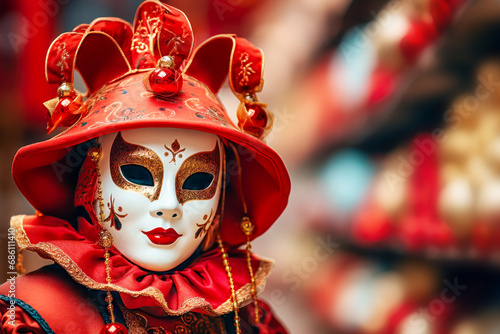 Person with Venetian mask in red and gold, complete with intricate patterns and embellishments, capturing the essence of opulent masquerade balls traditionally held during carnival season. Copy space