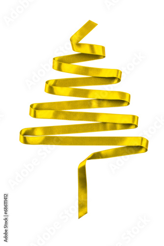 Golden Christmas tree made of ribbon on transparent background or PNG file. Clipping path.