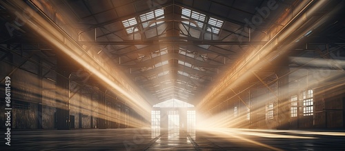 Warehouse illuminated by streams of sunlight through roof.