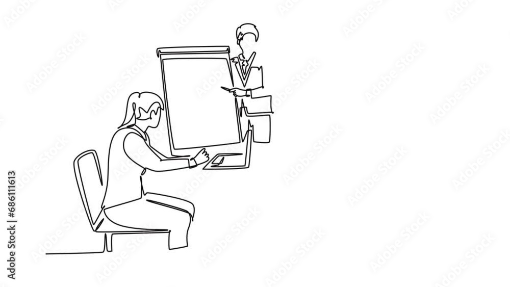 Animated self drawing of continuous line draw of young happy instructor presenting marketing strategy at the office group discussion. Sales improvement meeting concept. Full length one line animation Animated self drawing of continuous line draw of young happy instructor presenting marketing strategy at the office group discussion. Sales improvement meeting concept. Full length one line animation