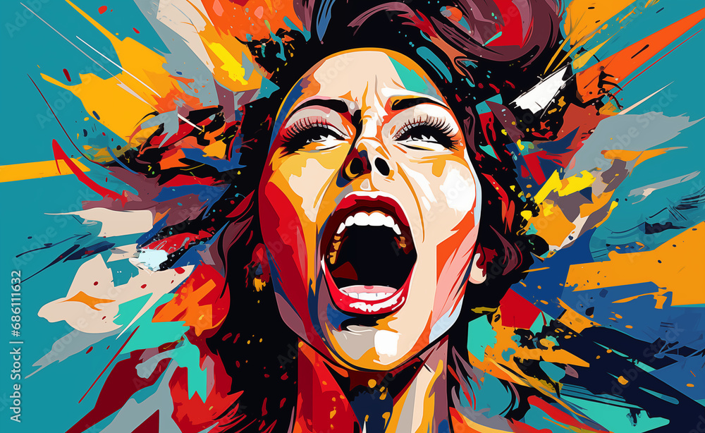 Woman screaming with his mouth wide open, utilizing a pop art style. Vibrant colors and bold, dynamic lines, energy. 