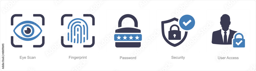 A set of 5 Cyber Security icons as eye scan, fingerprint, password A set of 5 Cyber Security icons as eye scan, fingerprint, password