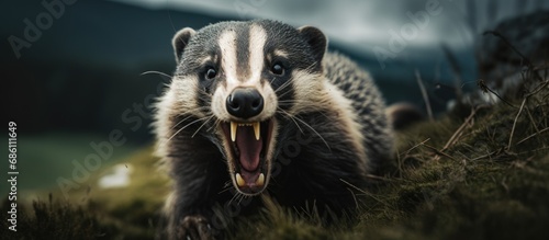 Wild badger in Scottish Highlands, mouth open, alert in natural habitat at night.
