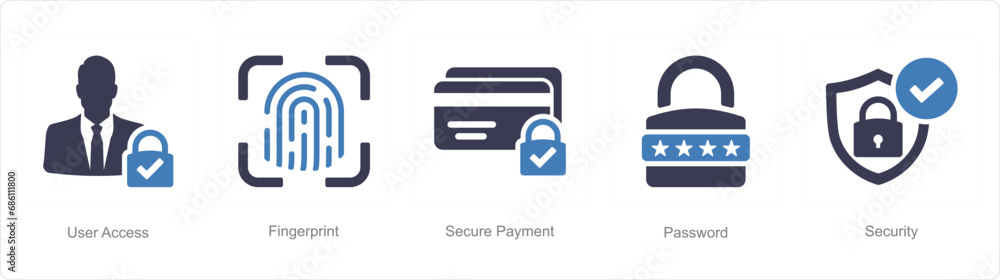 A set of 5 Cyber Security icons as user access, fingerprint, secure payment A set of 5 Cyber Security icons as user access, fingerprint, secure payment
