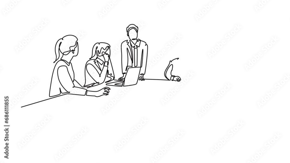 Animated self drawing of continuous line draw young happy board of director discussing company profit sharing during meeting. Group business training presenting concept. Full length one line animation Animated self drawing of continuous line draw young happy board of director discussing company profit sharing during meeting. Group business training presenting concept. Full length one line animation