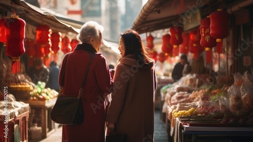 Unrecognizable Chinese elderly retired mother and daughter happy walking together in China downtown market shopping food ingredients to prepare for Chinese New Year party dinner celebrate with family