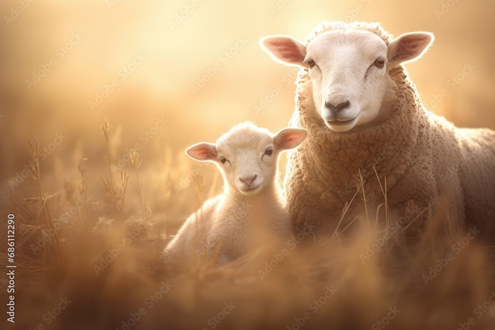 Obraz premium Sheep and lamb, mother and child.