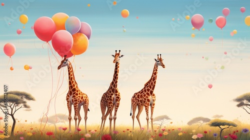 A family of graceful giraffes reaching up to nibble colorful balloons, adding a touch of whimsy to the savannah.