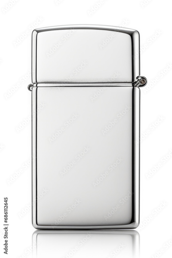 Silver Lighter Isolated on White Background. Closed Stainless Steel Lighter for Cigarette with Fuel - obrazy, fototapety, plakaty 