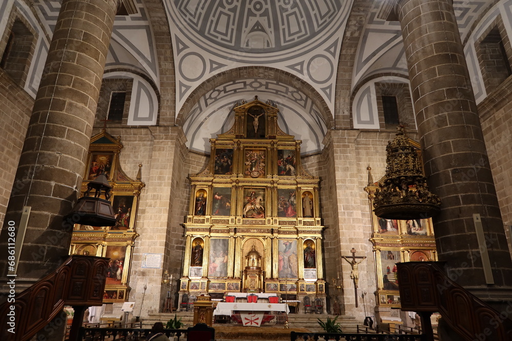 Cebreros, Avila, Spain, November 28, 2023: Great altarpiece of the Santiago Apostol Church, 16th century, in the town of Cebreros, Avila, Spain