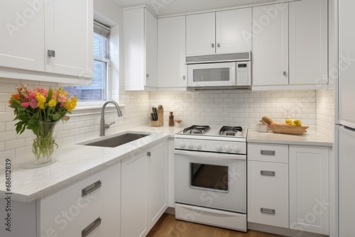 White Shaker Cabinets in a Compact Kitchen. Bright and Airy Interior Design for Small Apartment/Home
