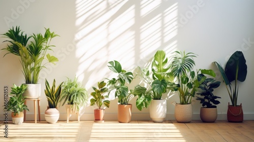 Easy Care Tropical House Plants for Air Purification. White Wall Room with Sunlight and Distilled Atmosphere - 3D Render for Interior Decoration © AIGen