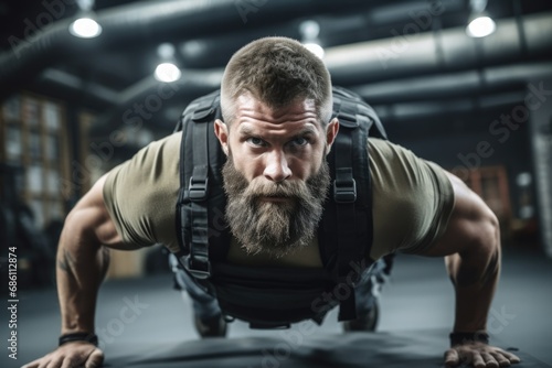 Active Athlete in Military-Style Weighted Vest Doing Push-ups with Close-up of Chest and Core in Gym Background