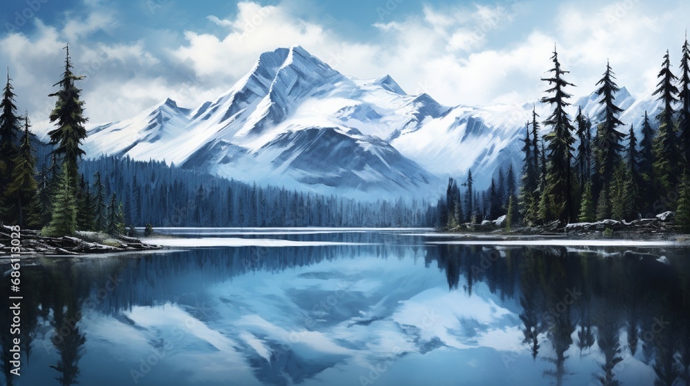 lake in the mountains in morning with fog in mountains with white clouds in blue sky  generated by AI tool