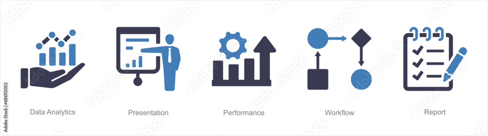 A set of 5 Data analysis icons as data analytics, presentation, performance A set of 5 Data analysis icons as data analytics, presentation, performance