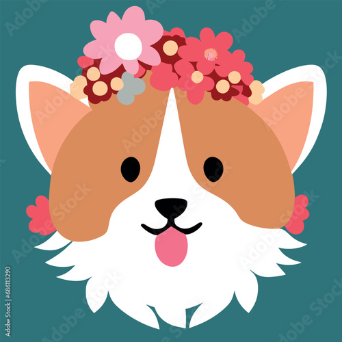 Corgi Dog with wonderful flowers on green background