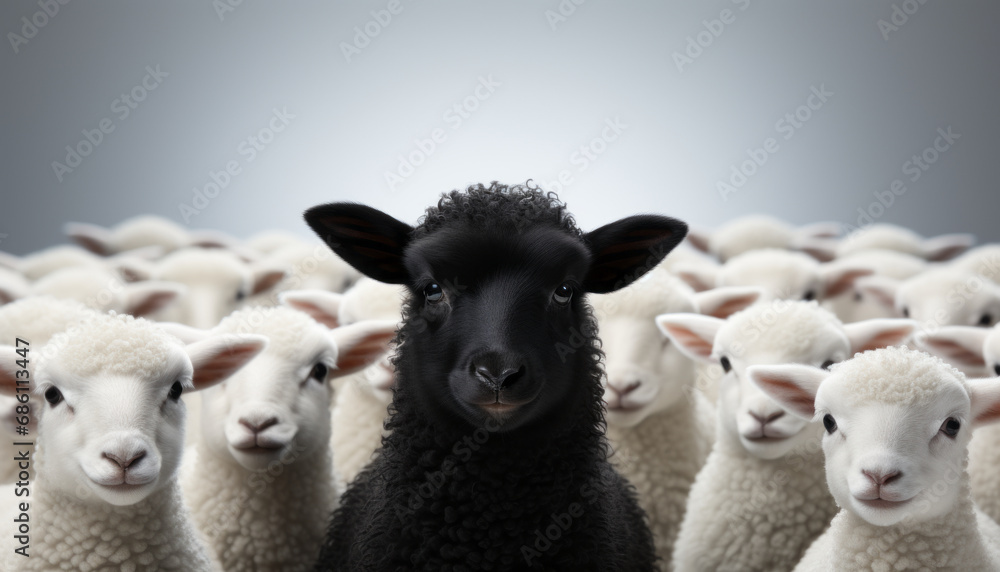 Obraz premium One black sheep standing away from a group of white sheep