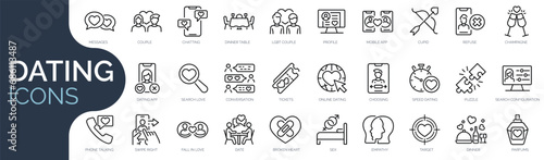 Set of outline icons related to dating. Linear icon collection. Editable stroke. Vector illustration