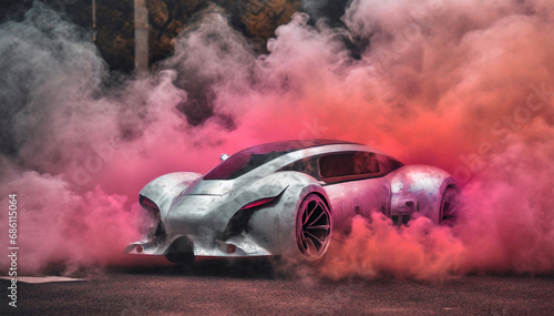 concept car passing through colorful smoke