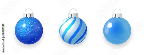 Christmas balls ornament set. Blue glass Christmas decorations. Isolated vector.