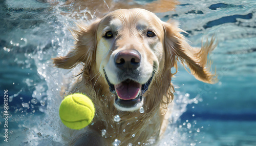 dog jumping into the pool to catch a tennis ball