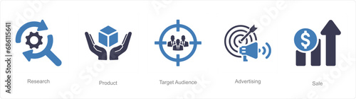 A set of 5 Digital Marketing icons as esearch, product, target audience photo