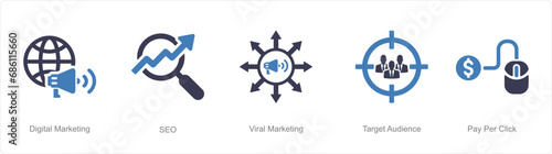A set of 5 Digital Marketing icons as digital marketing, seo, viral marketing