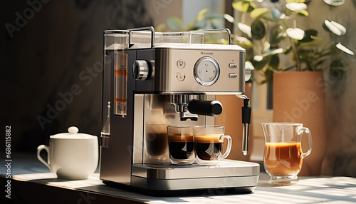 Espresso machine in a kitchen setting with a white cup generative ai photo