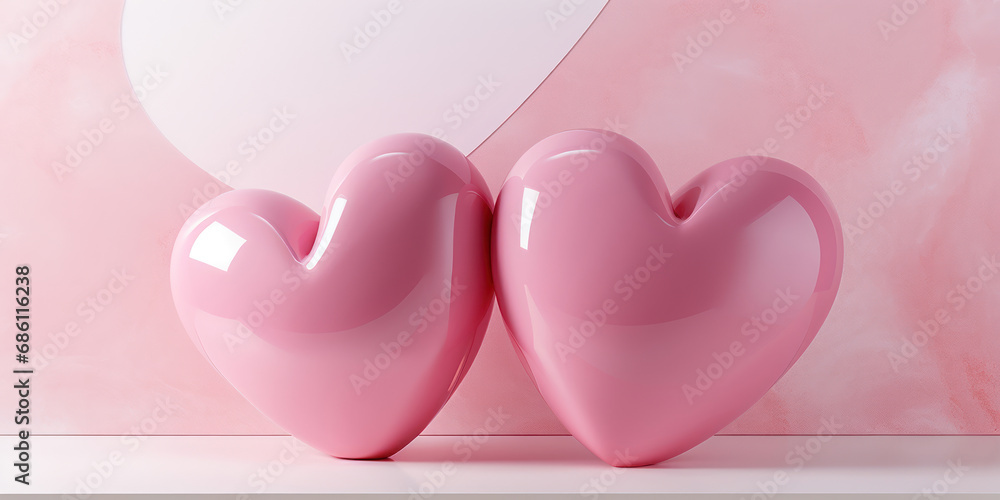Pink heart-shaped sculptures on a pedestal, against a monochromatic backdrop