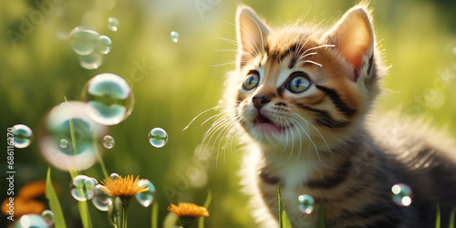 An adorable kitten reaches for floating bubbles amidst a meadow, a scene of pure joy and curiosity