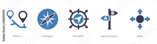 A set of 5 Direction icons as itinerary, orientation, navigation