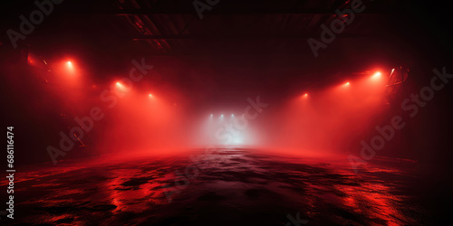 Dramatic stage lit by red neon lights, shrouded in mist and darkness