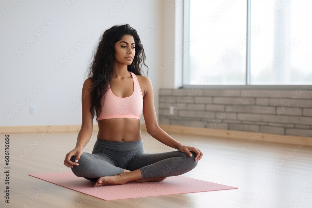 Beautiful oriental girl, young woman sitting meditating in lotus position on the floor in a bright fitness room - obrazy, fototapety, plakaty 
