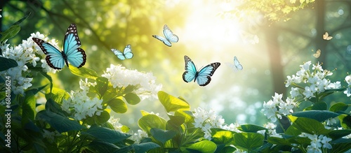 Vibrant butterflies float on white flowers amidst green trees, creating a beautiful scene with nature and the sun.