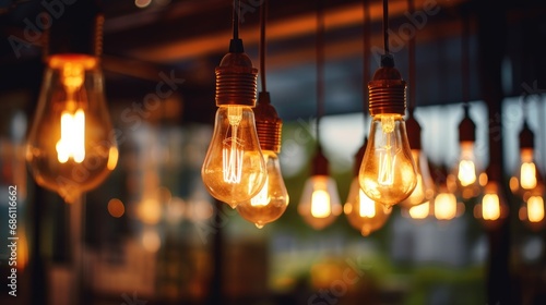 Decorative antique style light bulbs shine with orange light against a blurred evening city background.