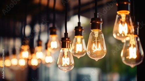 Decorative antique style light bulbs shine with orange light against a blurred evening city background. photo