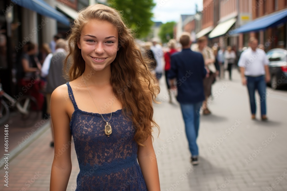 A happy young girl of Scandinavian appearance in a summer dress walks through the city during the day with a smile.