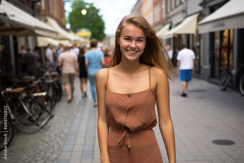 A happy young girl of Scandinavian appearance in a summer dress walks through the city during the day with a smile.