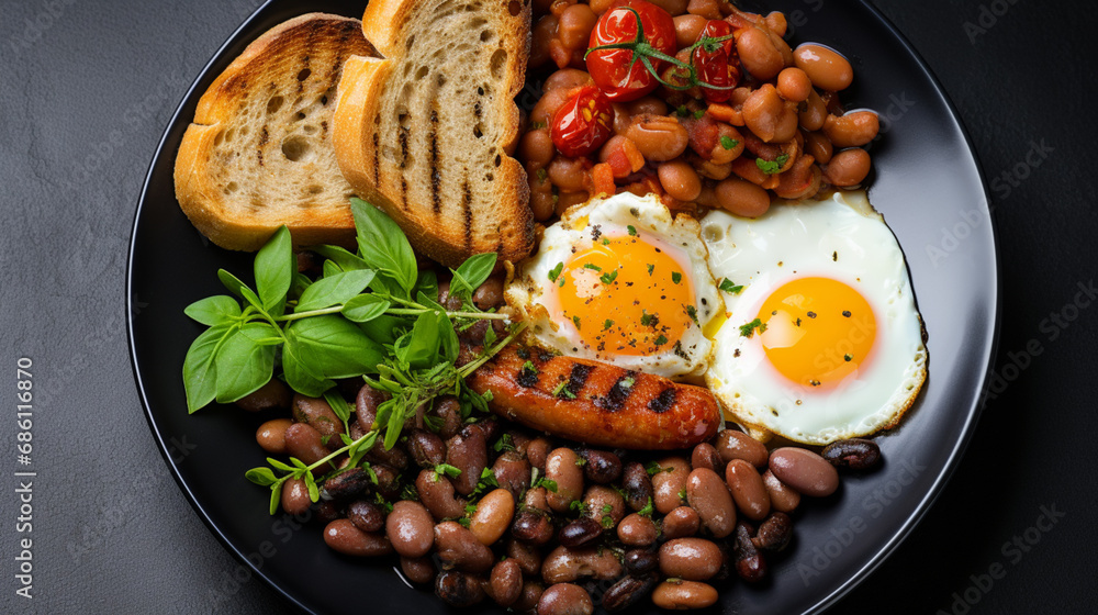English breakfast with fried sausages, beans, mushrooms, fried eggs, and grilled cherry tomatoes. Served with a cup of tea with lemon, bread toast, and butter. Gray background, top view. English breakfast with fried sausages, beans, mushrooms, fried eggs, and grilled cherry tomatoes. Served with a cup of tea with lemon, bread toast, and butter. Gray background, top view.