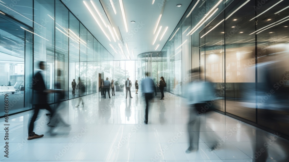 Silhouettes of people in business suits in a large light glass building. Blurred movement of rushing businessmen, managers in a modern office, business center, airport, train station.