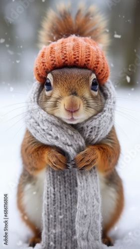 Cute squirrels in scarves, minimalistic snowy scene.
