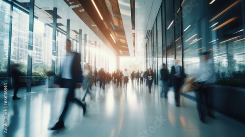 Silhouettes of people in business suits in a large light glass building. Blurred movement of rushing businessmen, managers in a modern office, business center, airport, train station.