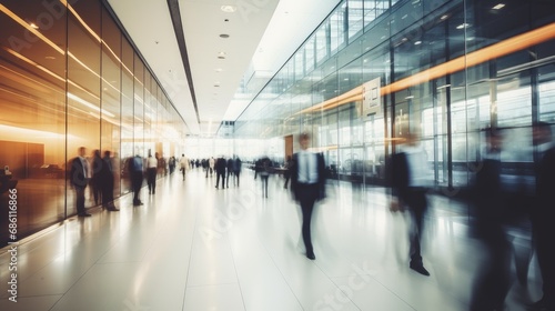 Silhouettes of people in business suits in a large light glass building. Blurred movement of rushing businessmen, managers in a modern office, business center, airport, train station.