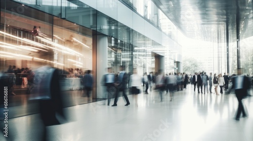 Silhouettes of people in business suits in a large light glass building. Blurred movement of rushing businessmen, managers in a modern office, business center, airport, train station.