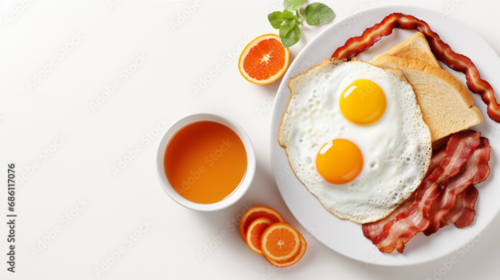 Full American Breakfast on white, top view, copy space. Sunny side fried eggs, roasted bacon, hash brown, pancakes, toasts, orange juice and coffee for breakfast, copy space. Full American Breakfast on white, top view, copy space. Sunny side fried eggs, roasted bacon, hash brown, pancakes, toasts, orange juice and coffee for breakfast, copy space.