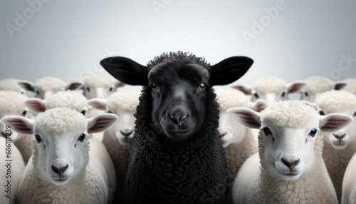 One black sheep standing away from a group of white sheep