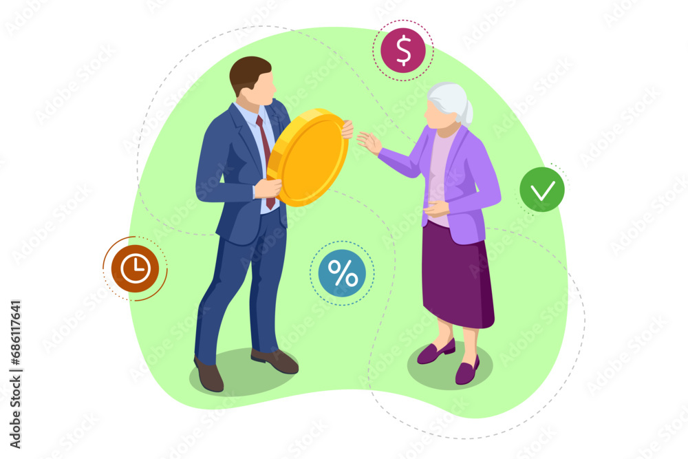 Isometric Retirement savings concept. Financial independence idea. Economy and wealth. Grandparents saved up money for comfortable old age. Economics, financial or banking systems Isometric Retirement savings concept. Financial independence idea. Economy and wealth. Grandparents saved up money for comfortable old age. Economics, financial or banking systems