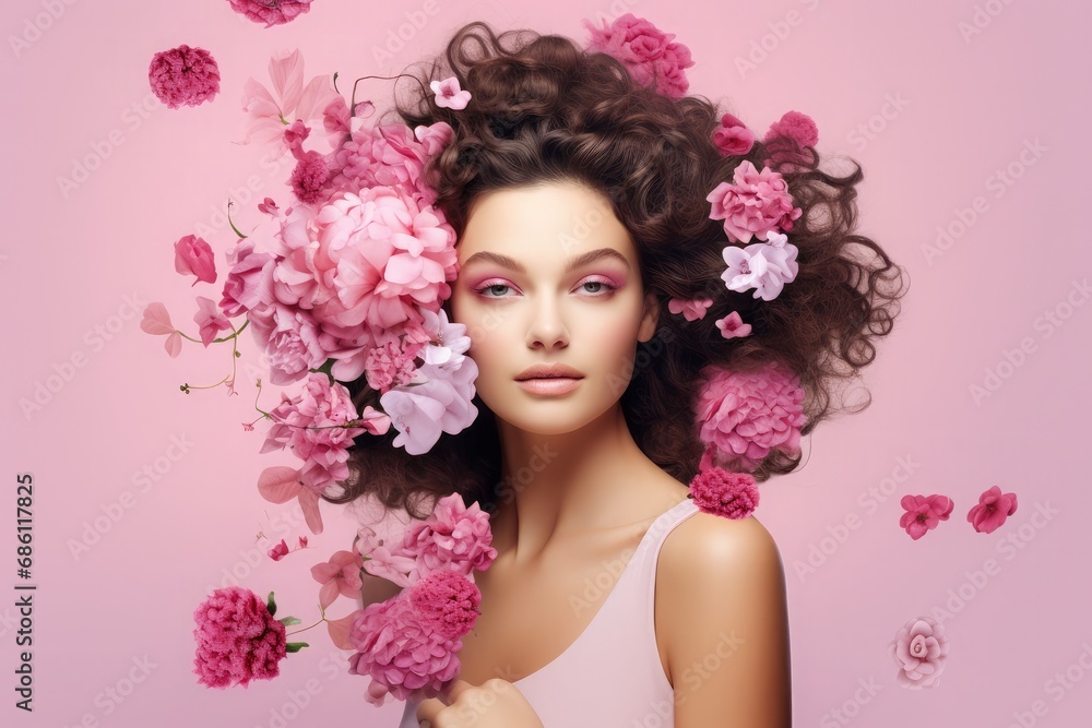 In the style of Hollywood glamour, a woman poses against a floral backdrop, her eyes shining bright under candycore hues. Generative A